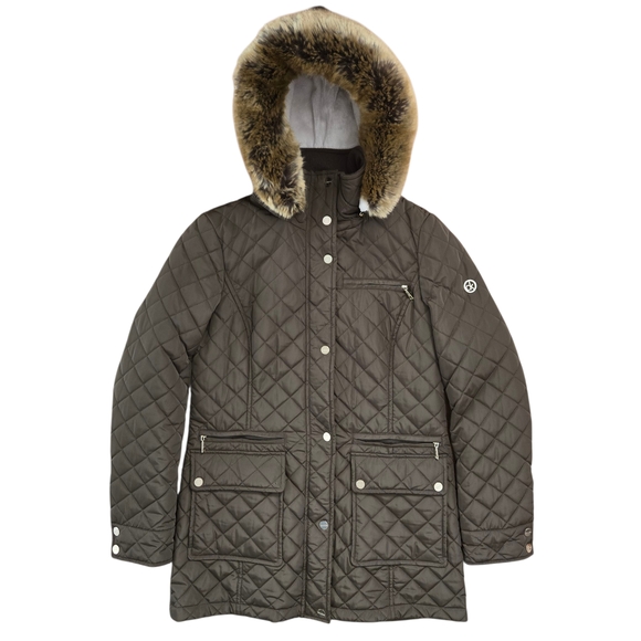 Calvin Klein Quilted Puffer Jacket Womens Sz S Olive Green Hooded Full Zip Snap - Picture 1 of 14